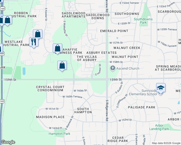 map of restaurants, bars, coffee shops, grocery stores, and more near 5000 South Brentwood Street in Olathe