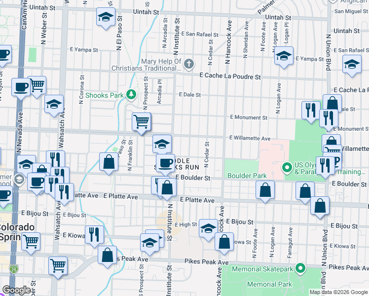 map of restaurants, bars, coffee shops, grocery stores, and more near 514 Custer Avenue in Colorado Springs