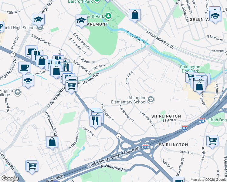map of restaurants, bars, coffee shops, grocery stores, and more near 2826 South Buchanan Street in Arlington