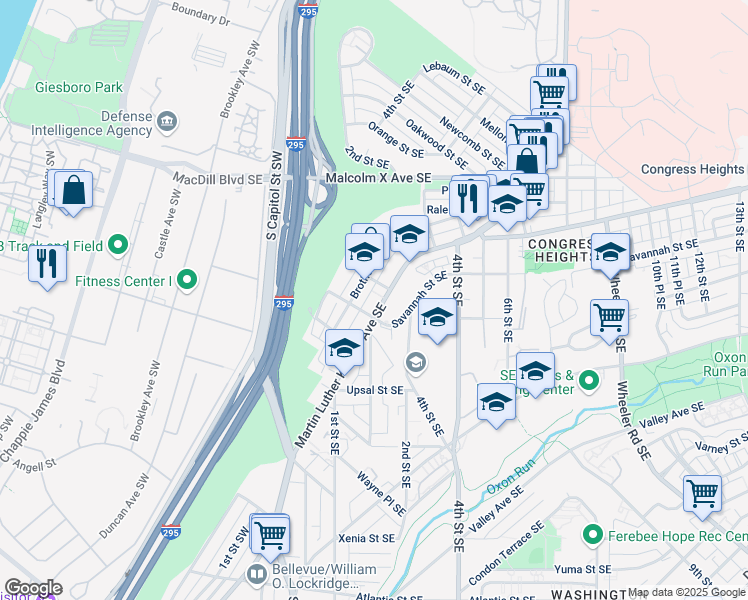 map of restaurants, bars, coffee shops, grocery stores, and more near 3411 Martin Luther King Junior Avenue Southeast in Washington