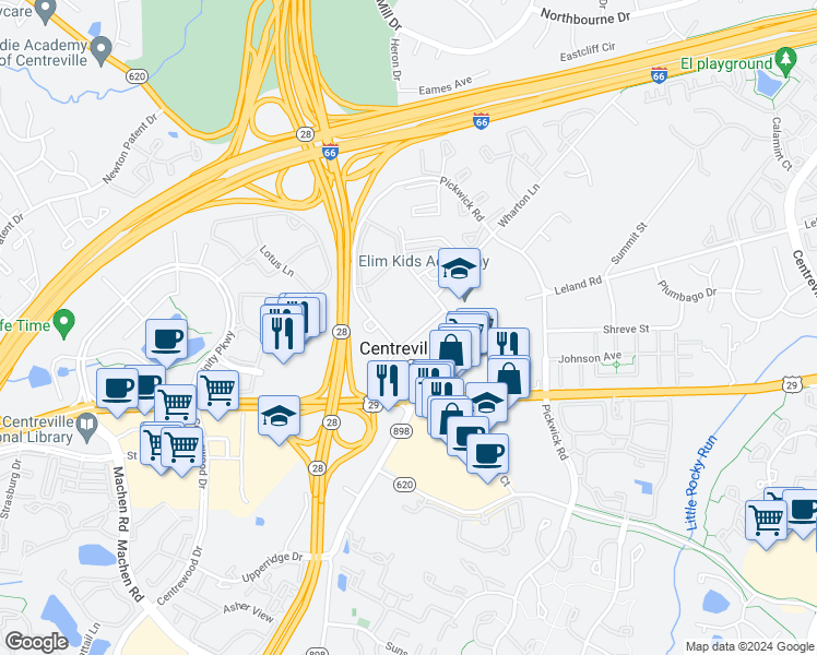 map of restaurants, bars, coffee shops, grocery stores, and more near 5718 Mount Gilead Road in Centreville