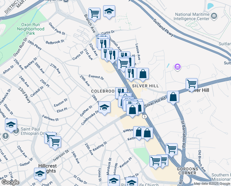 map of restaurants, bars, coffee shops, grocery stores, and more near 2824 Gaither Street in Temple Hills