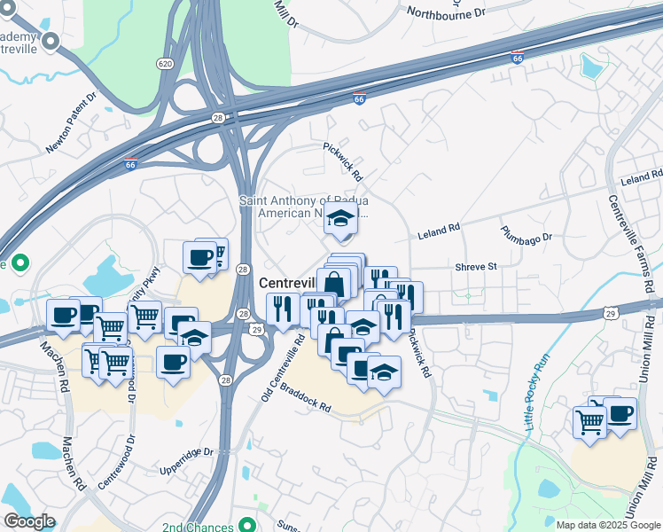 map of restaurants, bars, coffee shops, grocery stores, and more near 5701 Mount Gilead Road in Centreville