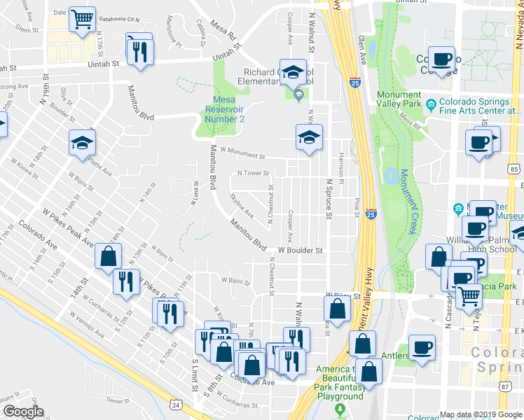 map of restaurants, bars, coffee shops, grocery stores, and more near 610 Mountain Avenue in Colorado Springs