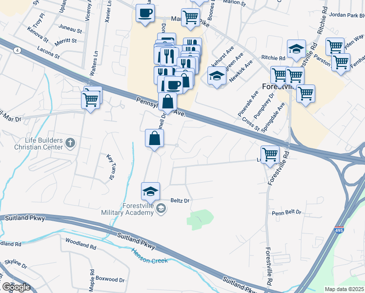 map of restaurants, bars, coffee shops, grocery stores, and more near 7204 Donnell Place in District Heights