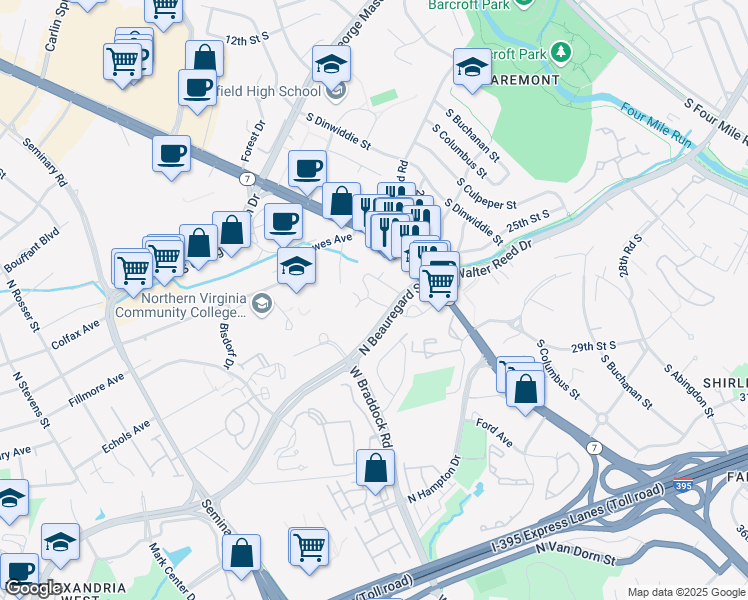 map of restaurants, bars, coffee shops, grocery stores, and more near 3400 North Beauregard Street in Alexandria