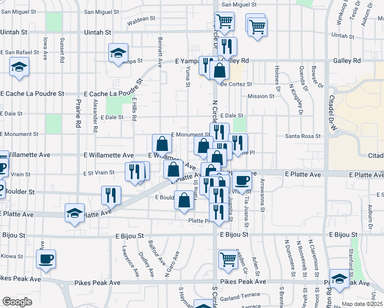 map of restaurants, bars, coffee shops, grocery stores, and more near 521 Yuma Street in Colorado Springs