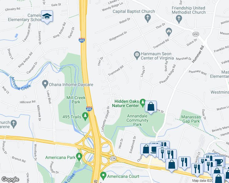 map of restaurants, bars, coffee shops, grocery stores, and more near 7848 Butterfield Lane in Annandale