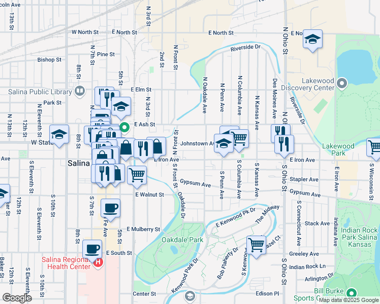 map of restaurants, bars, coffee shops, grocery stores, and more near 627 East Iron Avenue in Salina
