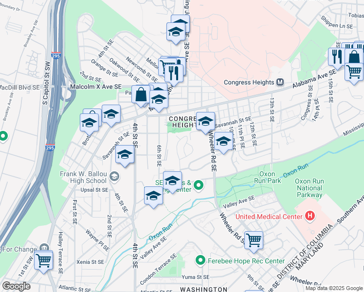 map of restaurants, bars, coffee shops, grocery stores, and more near 3307 Cornwell Drive Southeast in Washington