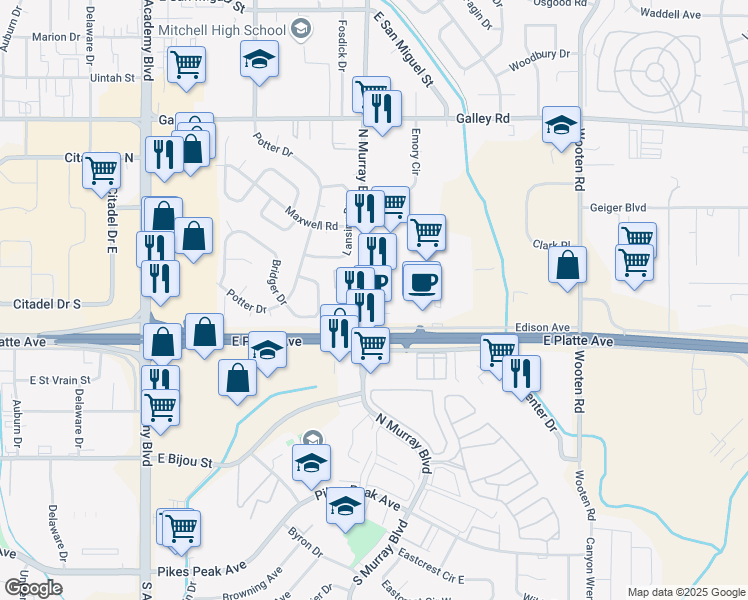map of restaurants, bars, coffee shops, grocery stores, and more near 535 North Murray Boulevard in Colorado Springs