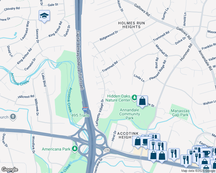 map of restaurants, bars, coffee shops, grocery stores, and more near 7848 Butterfield Lane in Annandale