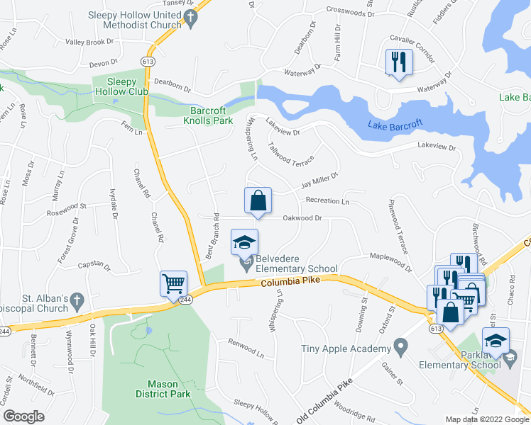 map of restaurants, bars, coffee shops, grocery stores, and more near 6528 Oakwood Drive in Falls Church