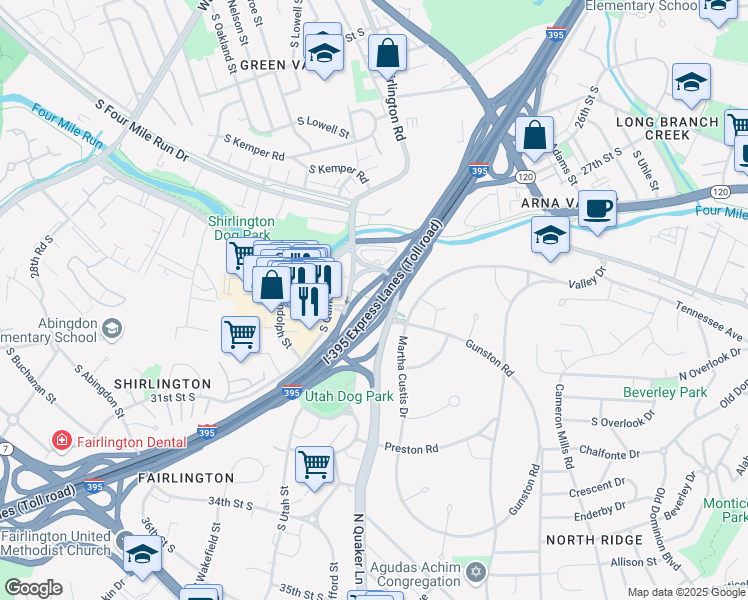 map of restaurants, bars, coffee shops, grocery stores, and more near Henry G. Shirley Memorial Highway in Arlington