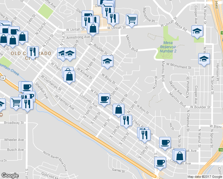 map of restaurants, bars, coffee shops, grocery stores, and more near 1512 West Kiowa Street in Colorado Springs