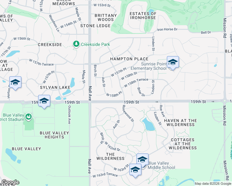 map of restaurants, bars, coffee shops, grocery stores, and more near 5206 West 158th Place in Overland Park
