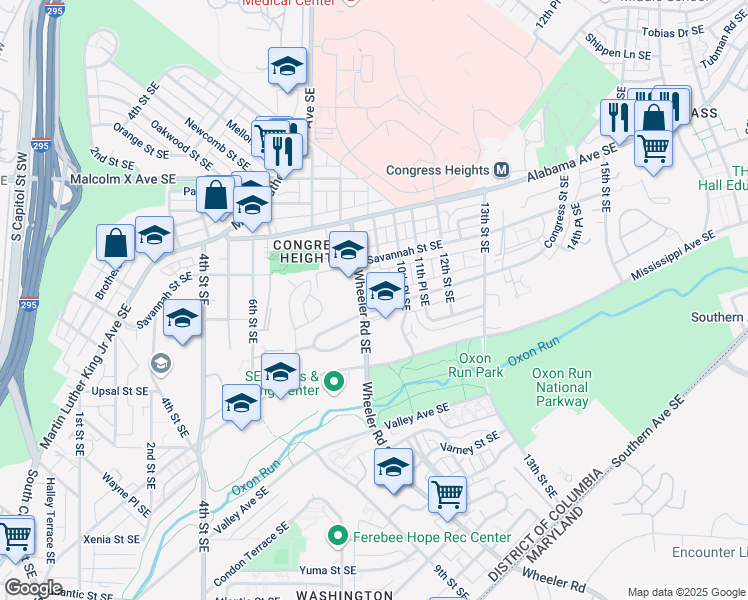 map of restaurants, bars, coffee shops, grocery stores, and more near 3320 Wheeler Road Southeast in Washington