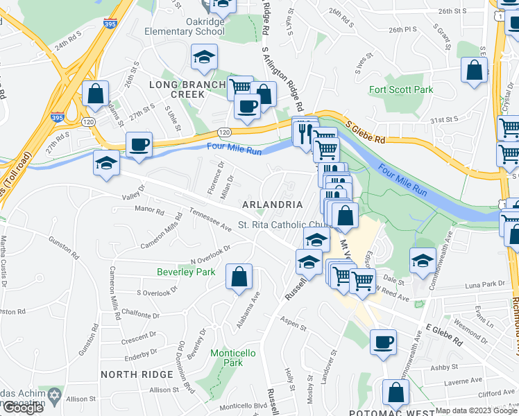 map of restaurants, bars, coffee shops, grocery stores, and more near 602 Notabene Drive in Alexandria