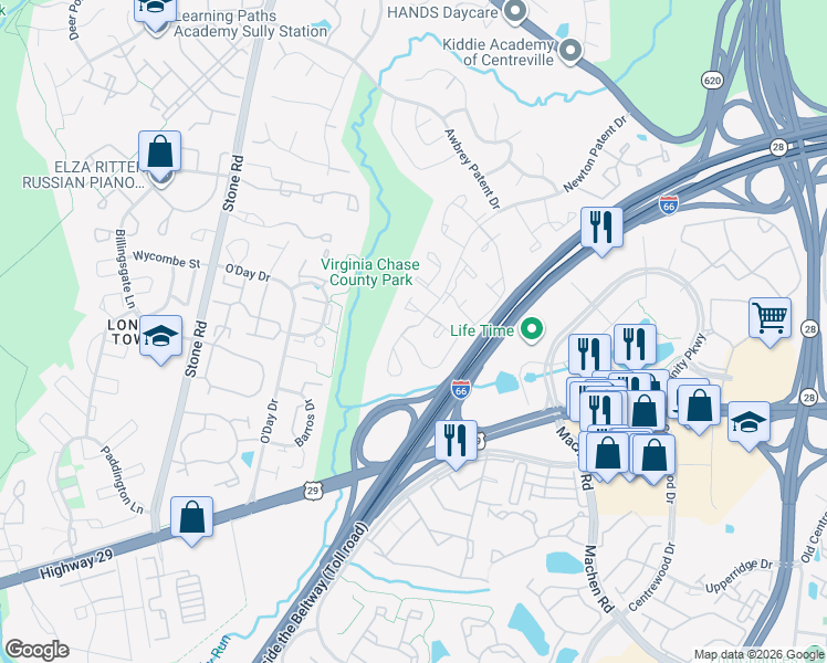 map of restaurants, bars, coffee shops, grocery stores, and more near 14411 Newton Patent Court in Centreville