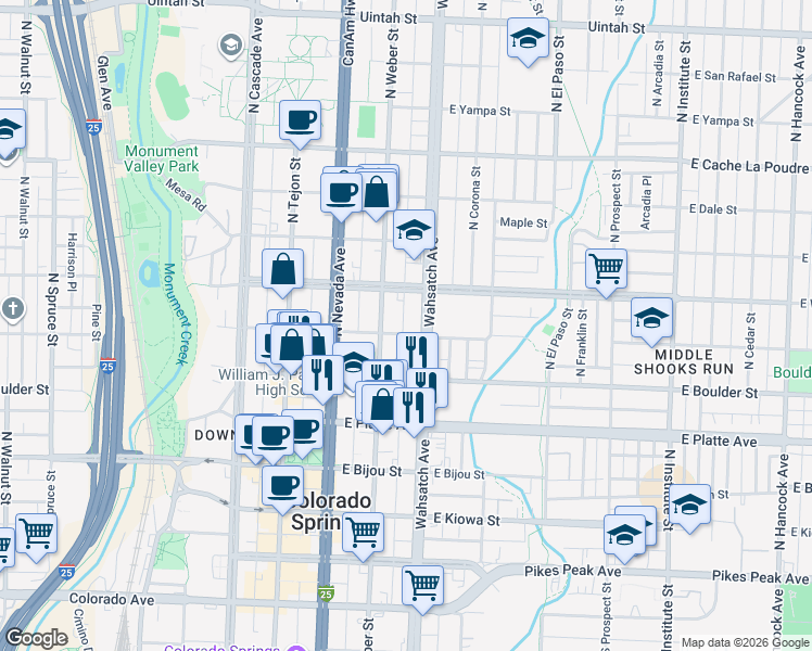 map of restaurants, bars, coffee shops, grocery stores, and more near 318 East Saint Vrain Street in Colorado Springs
