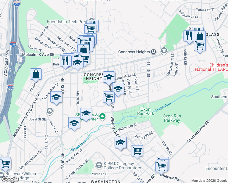 map of restaurants, bars, coffee shops, grocery stores, and more near 3320 Wheeler Road Southeast in Washington