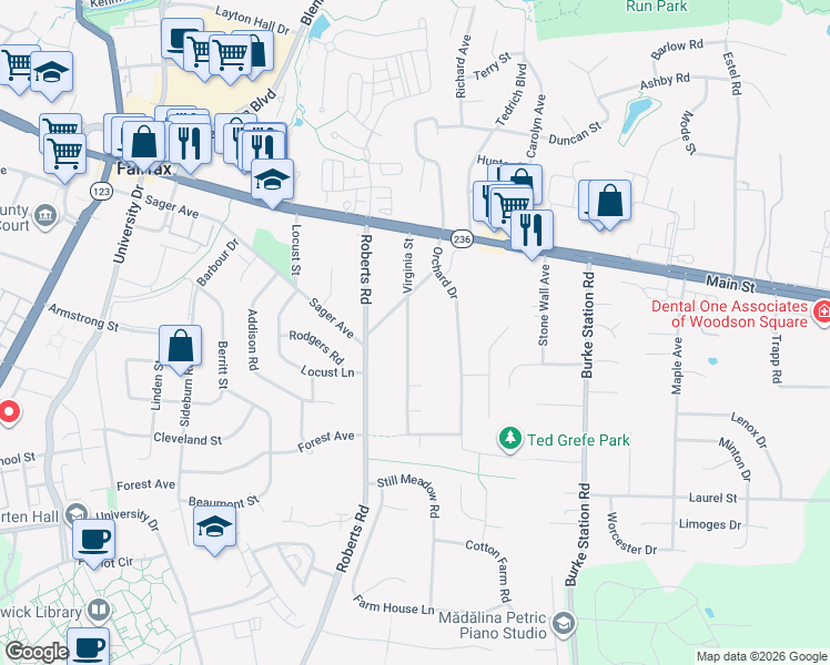map of restaurants, bars, coffee shops, grocery stores, and more near 4113 Virginia Street in Fairfax