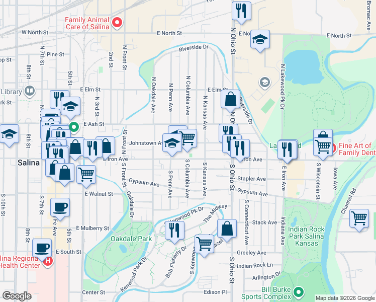 map of restaurants, bars, coffee shops, grocery stores, and more near 811 East Iron Avenue in Salina