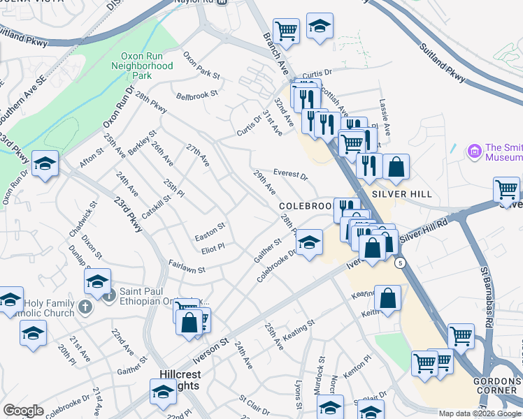 map of restaurants, bars, coffee shops, grocery stores, and more near 3527 28th Parkway in Temple Hills