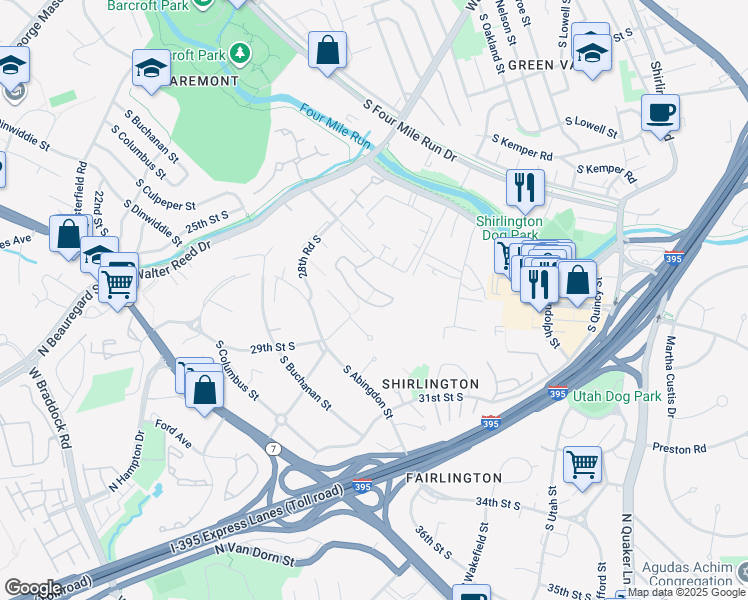 map of restaurants, bars, coffee shops, grocery stores, and more near 2925C South Woodstock Street in Arlington