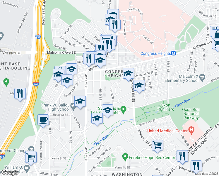 map of restaurants, bars, coffee shops, grocery stores, and more near 3319 7th Street Southeast in Washington