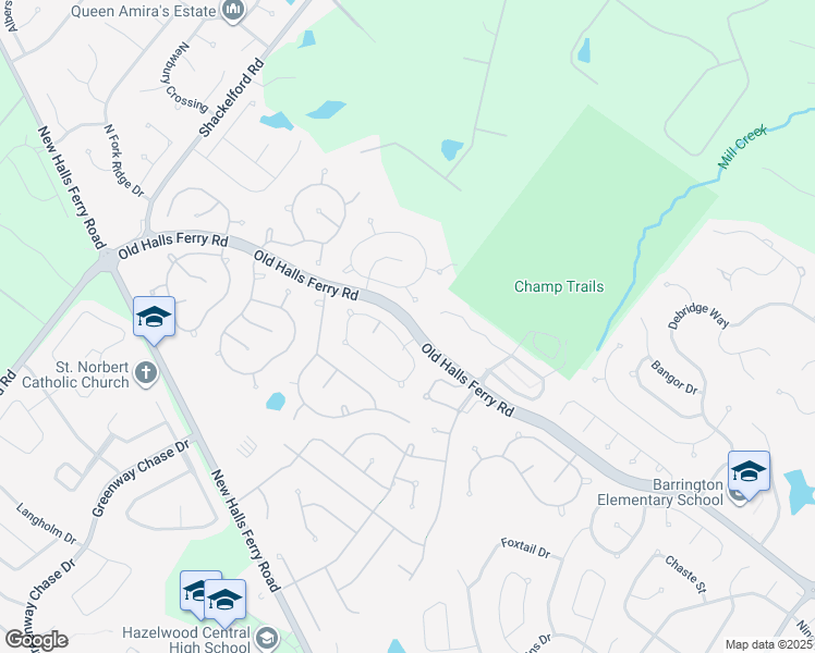 map of restaurants, bars, coffee shops, grocery stores, and more near 3841 Ascot Downs Way in Florissant