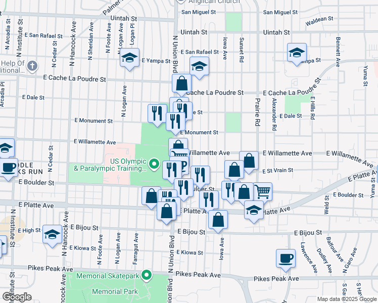 map of restaurants, bars, coffee shops, grocery stores, and more near 1818 East Willamette Avenue in Colorado Springs