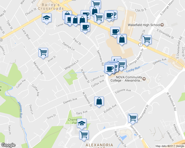 map of restaurants, bars, coffee shops, grocery stores, and more near 5521 Bradley Boulevard in Alexandria