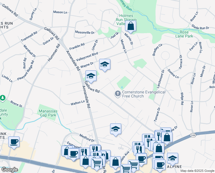 map of restaurants, bars, coffee shops, grocery stores, and more near 7303 Brookcrest Place in Annandale