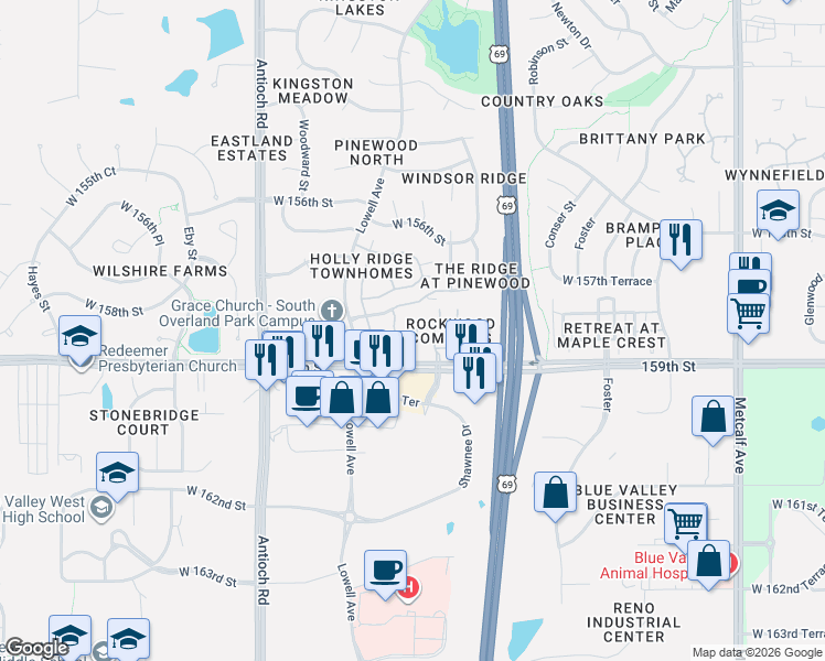 map of restaurants, bars, coffee shops, grocery stores, and more near 7866 West 158th Court in Overland Park