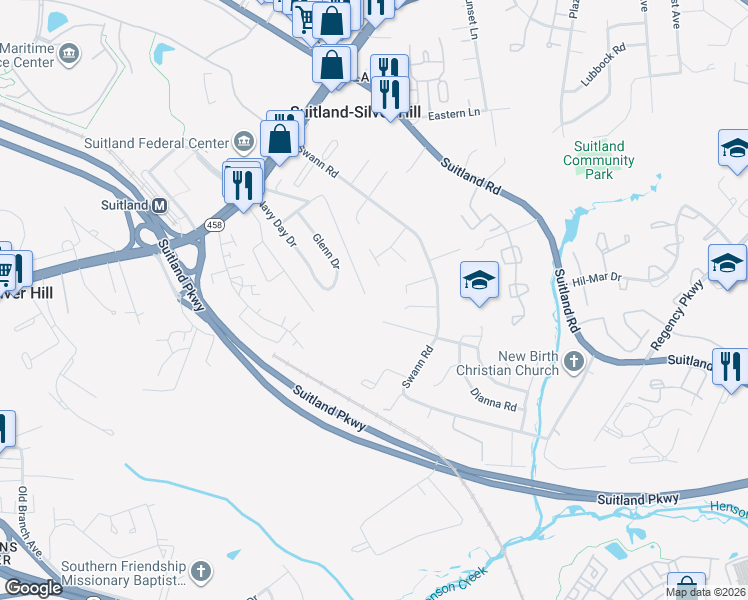 map of restaurants, bars, coffee shops, grocery stores, and more near 3502 Randall Road in Hillcrest Heights