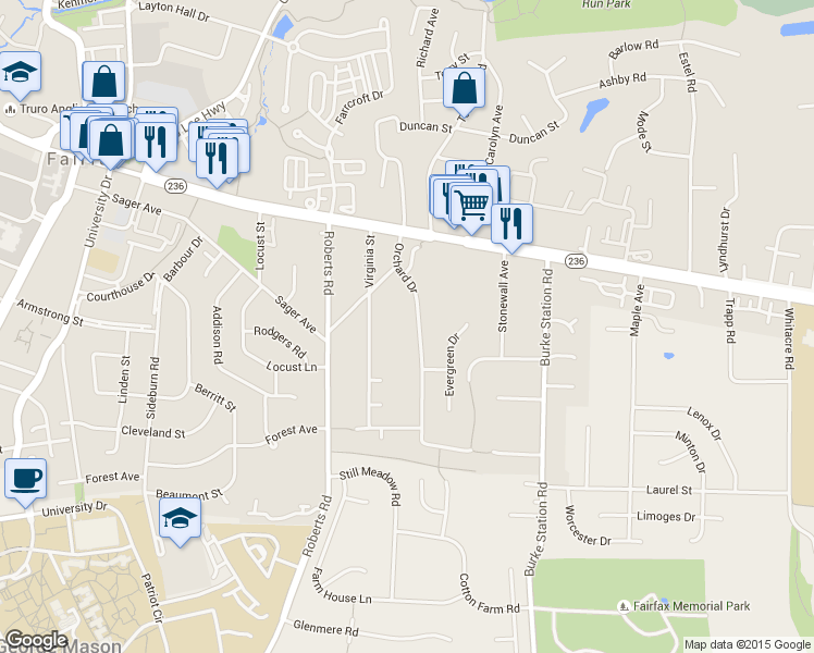 map of restaurants, bars, coffee shops, grocery stores, and more near 4120 Orchard Drive in Fairfax