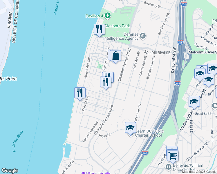 map of restaurants, bars, coffee shops, grocery stores, and more near 3625 Chappie James Boulevard in Washington