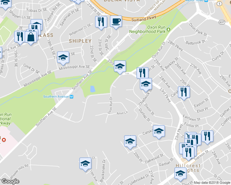 map of restaurants, bars, coffee shops, grocery stores, and more near 2223 Dawn Ln in Temple Hills