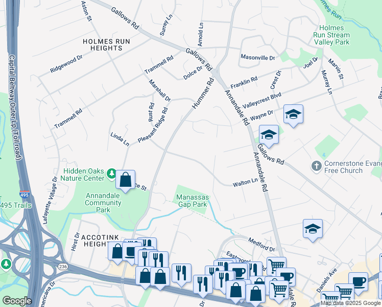 map of restaurants, bars, coffee shops, grocery stores, and more near 7510 Walton Lane in Annandale