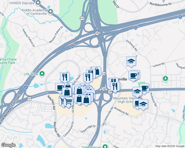 map of restaurants, bars, coffee shops, grocery stores, and more near Post Corners Trail & Trinity Post Way in Centreville