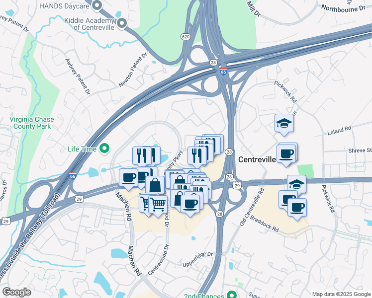 map of restaurants, bars, coffee shops, grocery stores, and more near 5802 Post Corners Trail in Centreville