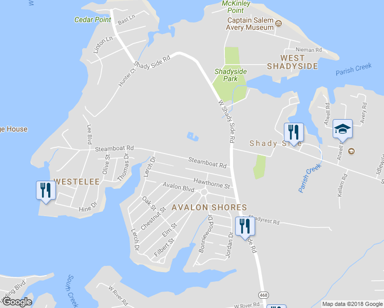 map of restaurants, bars, coffee shops, grocery stores, and more near 1262 Steamboat Road in Shady Side