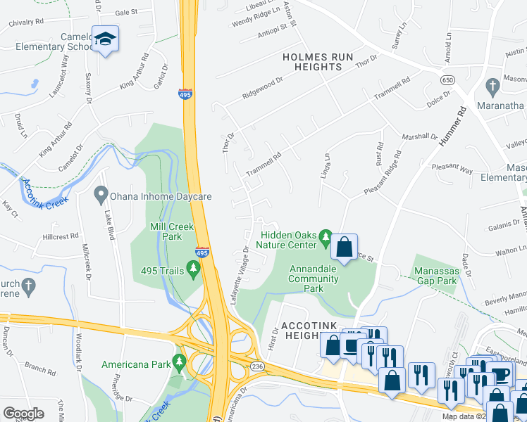 map of restaurants, bars, coffee shops, grocery stores, and more near 7844 Butterfield Lane in Annandale