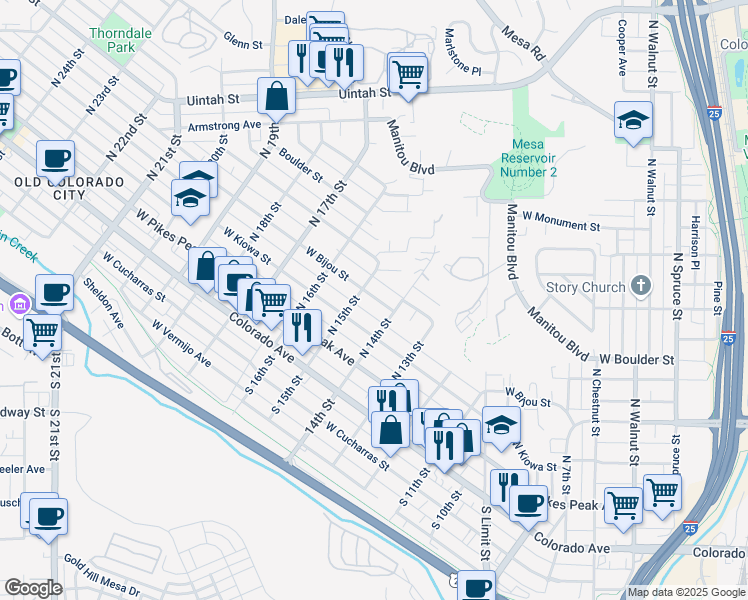 map of restaurants, bars, coffee shops, grocery stores, and more near 1423 West Bijou Street in Colorado Springs