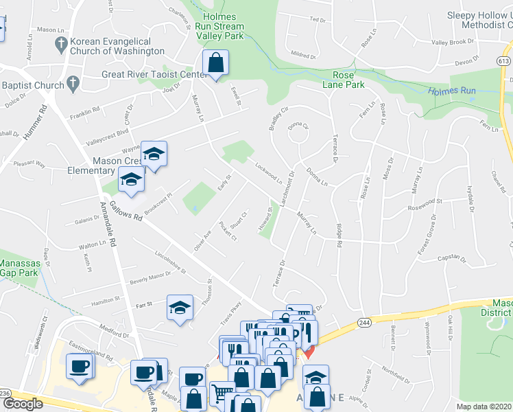 map of restaurants, bars, coffee shops, grocery stores, and more near 3809 Stuart Court in Annandale