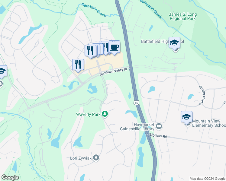 map of restaurants, bars, coffee shops, grocery stores, and more near 15056 Doral Place in Haymarket