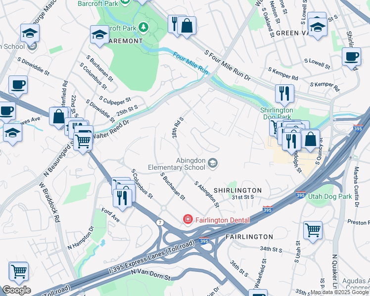 map of restaurants, bars, coffee shops, grocery stores, and more near 2869 South Abingdon Street in Arlington