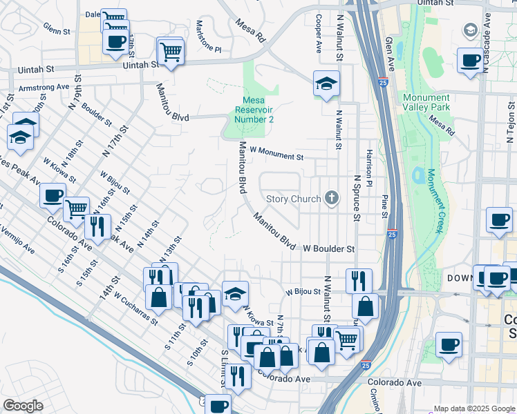 map of restaurants, bars, coffee shops, grocery stores, and more near 642 Skyline Avenue in Colorado Springs