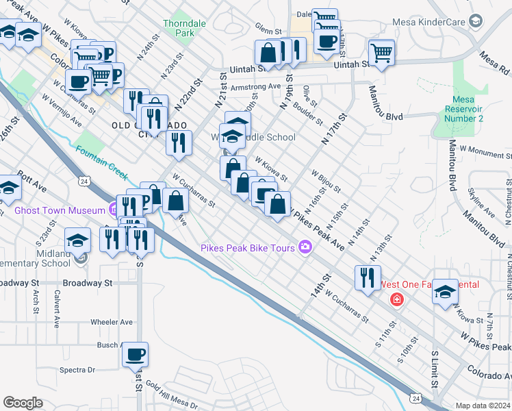 map of restaurants, bars, coffee shops, grocery stores, and more near 1714 West Colorado Avenue in Colorado Springs